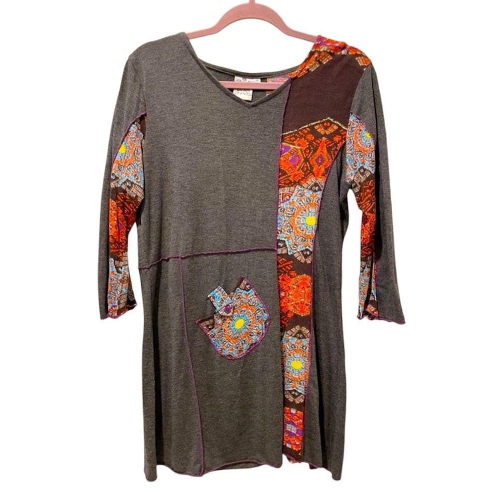 Parsley & Sage Tunic Top Gray Boho‎ Mixed Print Patchwork Women Medium